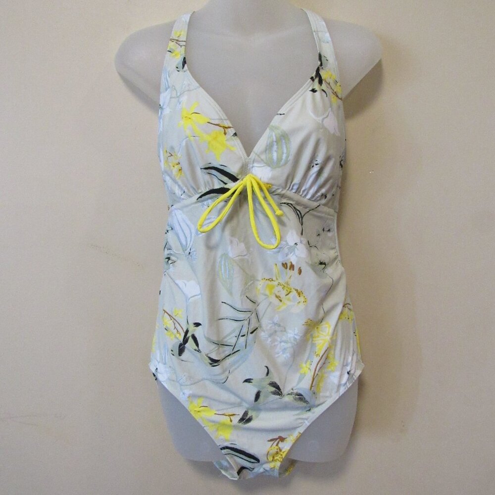 Mamalicious Green Yellow Floral V Neck One Piece Swimsuit Maternity sz M